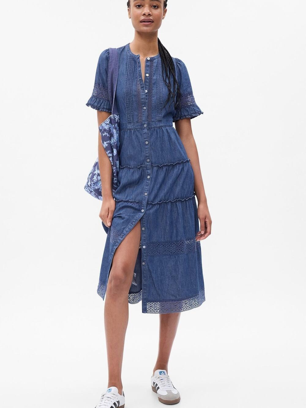 New Gap x LoveShackFancy Denim Tiered Midi Dress Blue Ruffle Button Sz M